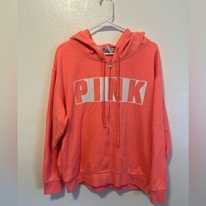 Victoria's Secret Pink, Bright Coral, Zip Up Logo Hoodie - SZ L